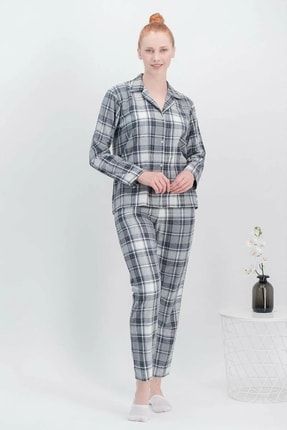 Kadın Gri Kareli Ekose Gömlekli Alt Üst Pijama Takımı AR-348-S