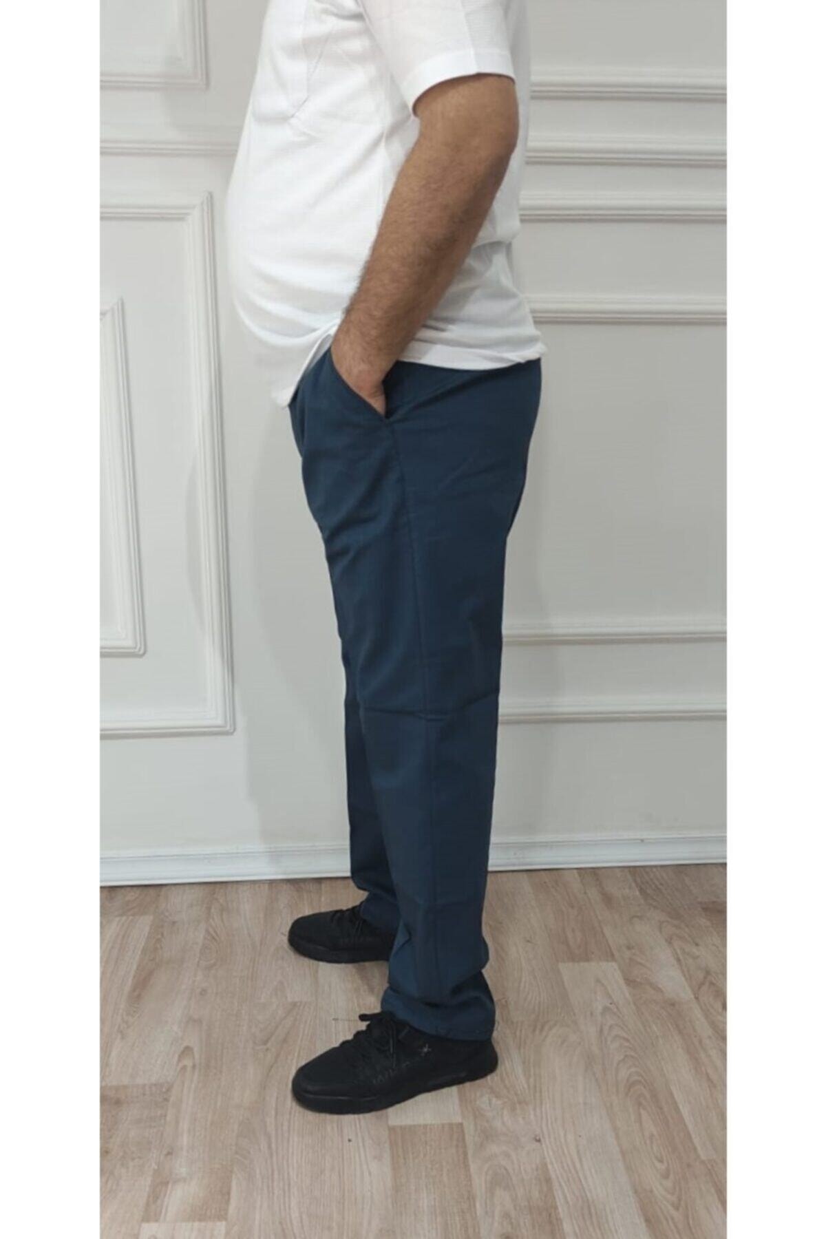 FATELLA  Erkek Büyük Beden Klasik Rahat Kalıp Indigo Keten Pantolon - Görsel 4