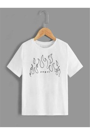 Çocuk Unisex Oversize Beyaz Alev Angel Baskılı T-shirt alevangel-