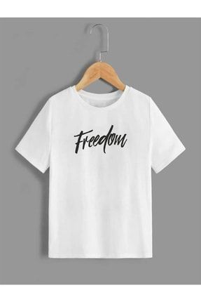 Çocuk Unisex Oversize Beyaz Freedom Baskılı T-shirt freedom-