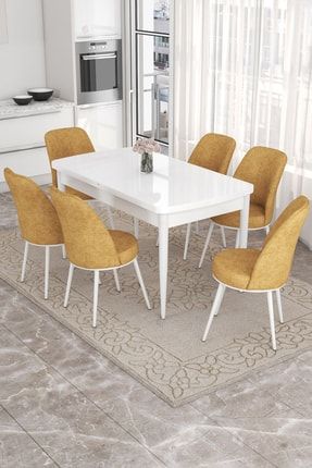 Leona Beyaz 80x132 Mdf Açılabilir Mutfak Masası Takımı 6 Adet Sandalye RVNAZARBYZ06