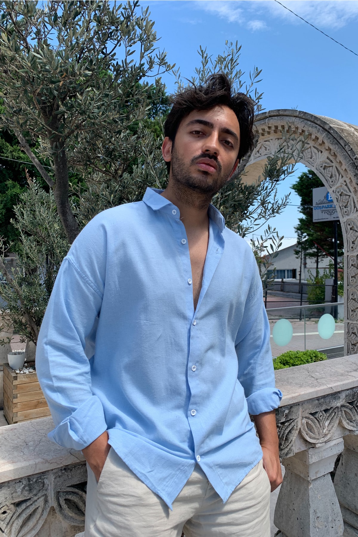 Arsiyan Fashion Mavi Erkek Oversize Bol Kalıp Keten Karışımlı Gömlek Yaka Gömlek