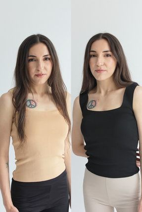 Kadın 2'li Siyah-taş Kare Yaka Kalın Askılı Yazlık Triko Bluz ÇKYA-MDL-0001