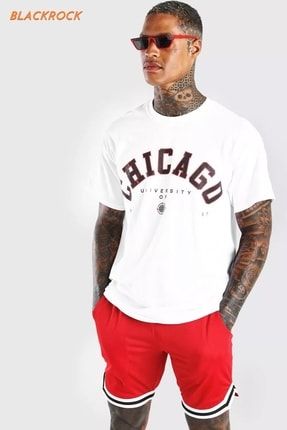 Unisex Chicago Baskılı Beyaz Erkek Oversize T-shirt BR-CHİCAGO