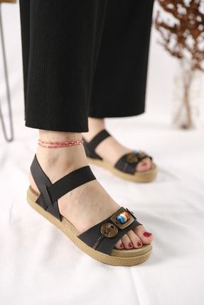 Diya Tabanı Hasır Görünümlü Düğme Detaylı Kadın Sandalet tonyadiya