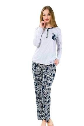 Kadın Gri Uzun Kol Otantik Desen Mevsimlik Pijama Takımı ALM 2308