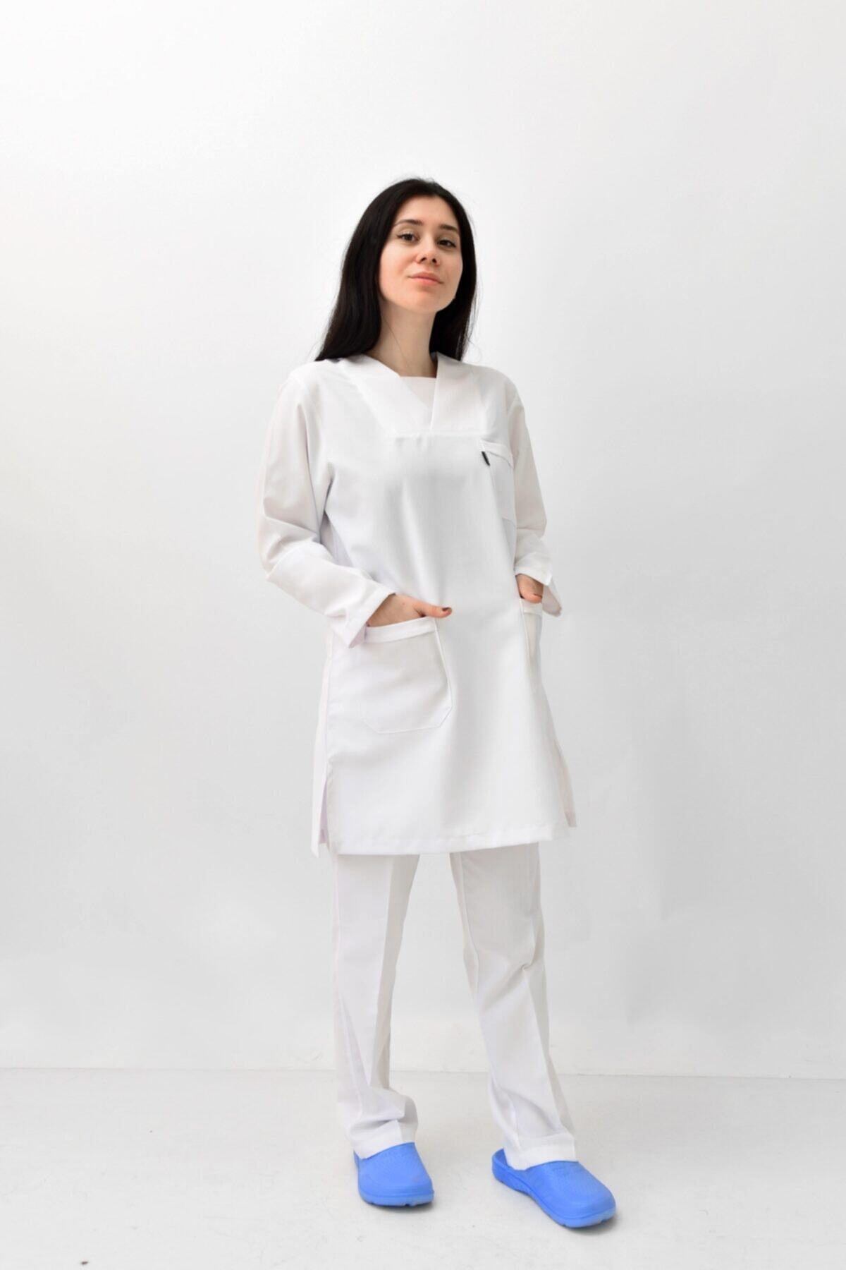 Refah İş Giyim Tesettür Model Beyaz Bayan V Yaka Hemşire Takım Uzun Boy Uzun Kol Alpaka Kumaş