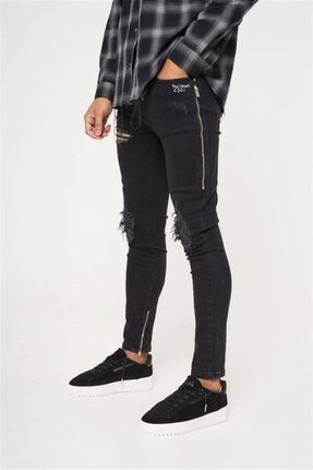 Yanları Fermuarlı Skinny Dizleri Biker Eskitme Jean-siyah COUEK211134-002
