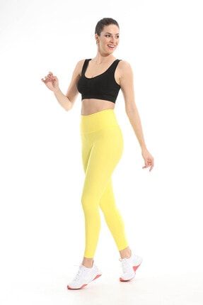 Kadın Yüksek Bel Göbek Toparlayıcı Sporcu Tayt Elastik Kumaş Ve Likra Sarı LU01SARİ111