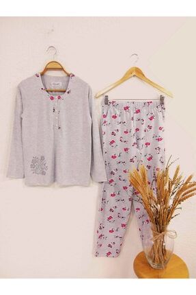 Kadın Chiser Gri 5 Düğmeli Altı Çiçek Desenli Örme Pijama Takımı 021546