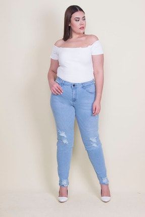 Kadın Mavi Yırtık Detaylı Skinny Kot Pantolon 65N21954