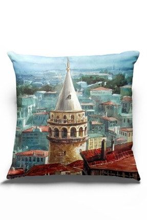 Sünger Katmanlı, Dijital Baskılı Dekoratif Kırlent, Yastık Kılıfı-etnik-osmanlı-galata Kulesi OSK-0034