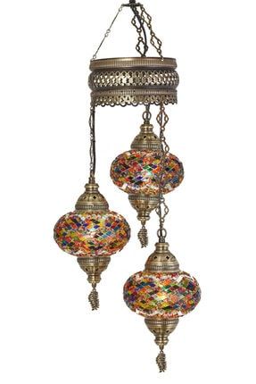 Mozaik Lamba Osmanlı Otantik Renkli Camlı El Yapımı Boho Sarkıt Avize, 3 Büyük Cam, 95cm demmexavize313