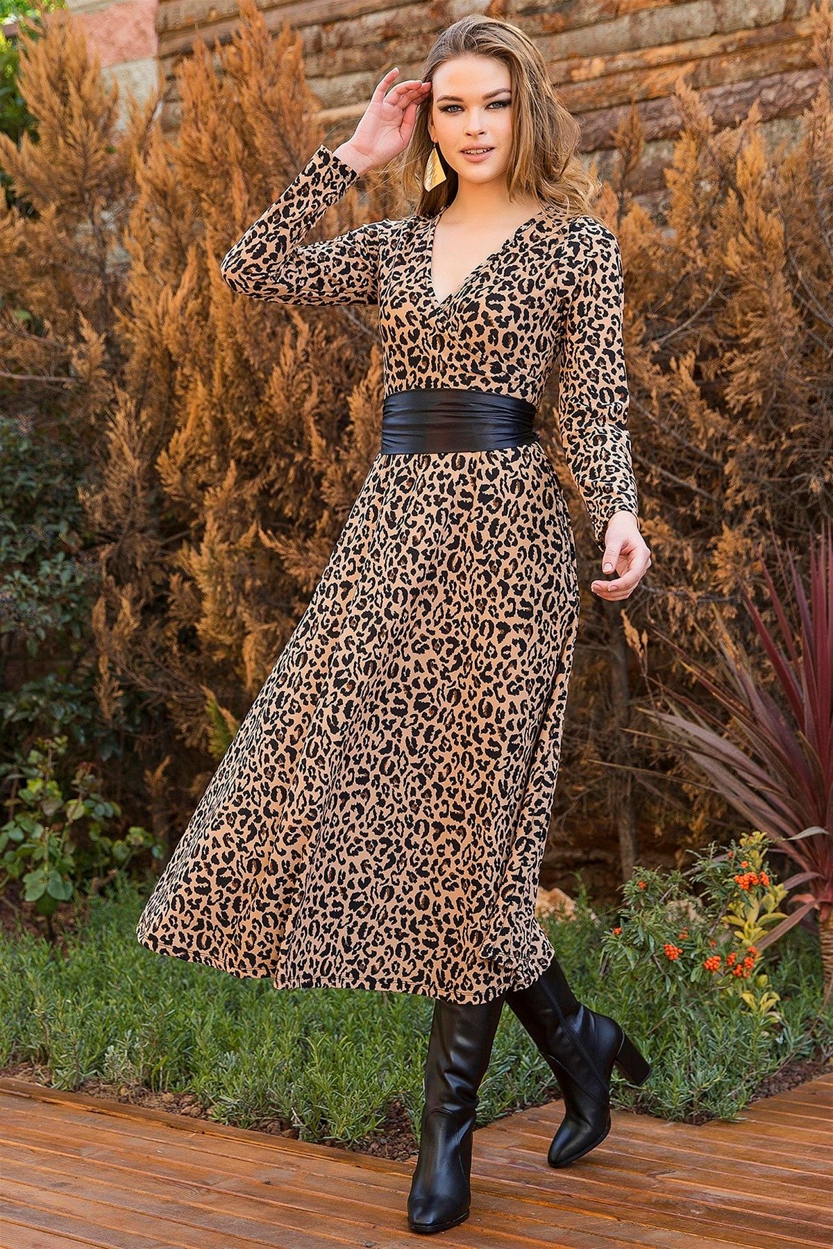 azra butik kruvaze yaka leopar uzun kol krep elbise fiyati yorumlari trendyol