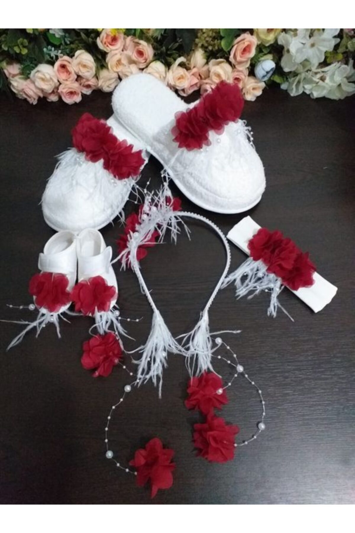 SÜSLÜTASARIM Lohusa Terlik Ve Taç Bebek Patik Ve Bandana Seti – Lohusa Seti – Lohusa Seti – Lohusa Seti