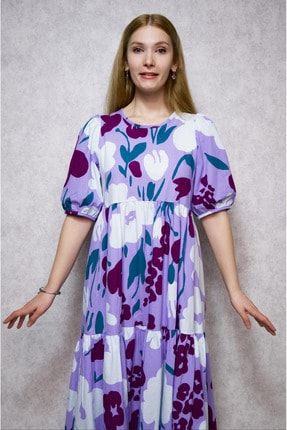 Kadın Lila Çiçekli Kısa Kollu Poplin Elbise CCR04-LCKE