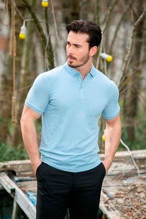 Erkek Açık Mavi Regular Fit Jakarlı Polo Yaka Kısa Kollu Düğmeli T-Shirt NT004