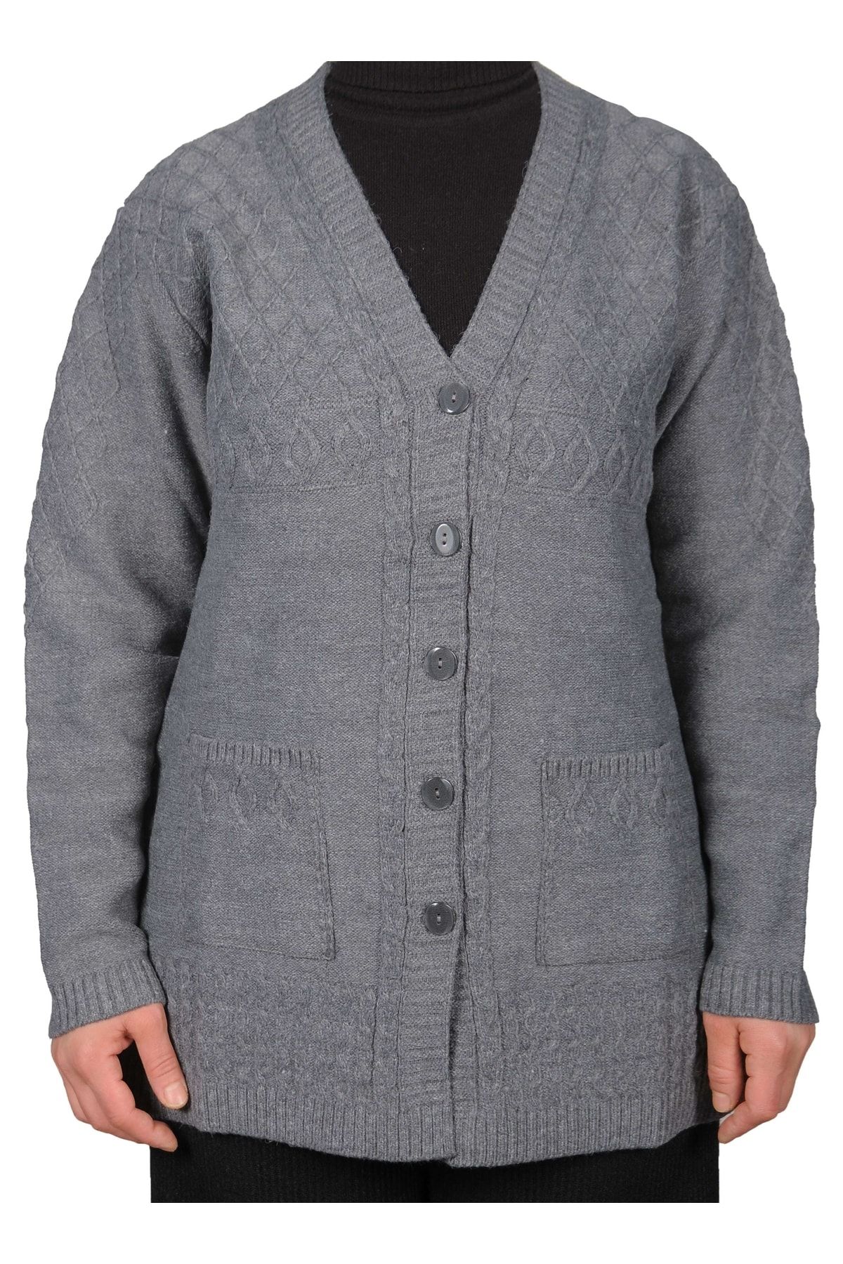 Fresh&Moda-Cardigan scurt pentru damă, gri cu nasturi 2