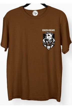 Ön Cepli Bears Baskılı Oversize Premium Kahverengi T-shirt yenimodel1