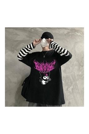 Anime Harajuku Kuromi Sanrio Çizgili Kollu Unisex T-shirt LOS126106