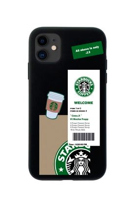 Iphone 11 Kahve Sticker Desenli Tasarımlı Siyah Telefon Kılıfı BCIPH11STARBUKS