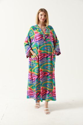 Renkli Desenli Cep Detay Uzun Viskon Vual Tesettür Elbise GÖKKUŞAĞIDSNARP1991