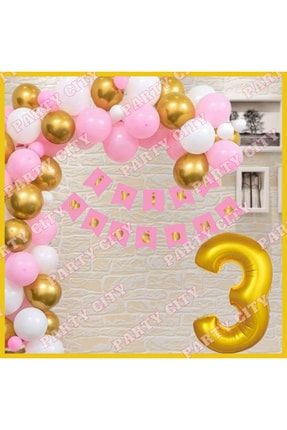 Pembe -gold Konsepti (3) Yaş Doğum Günü Parti Kutlama Seti SET00032