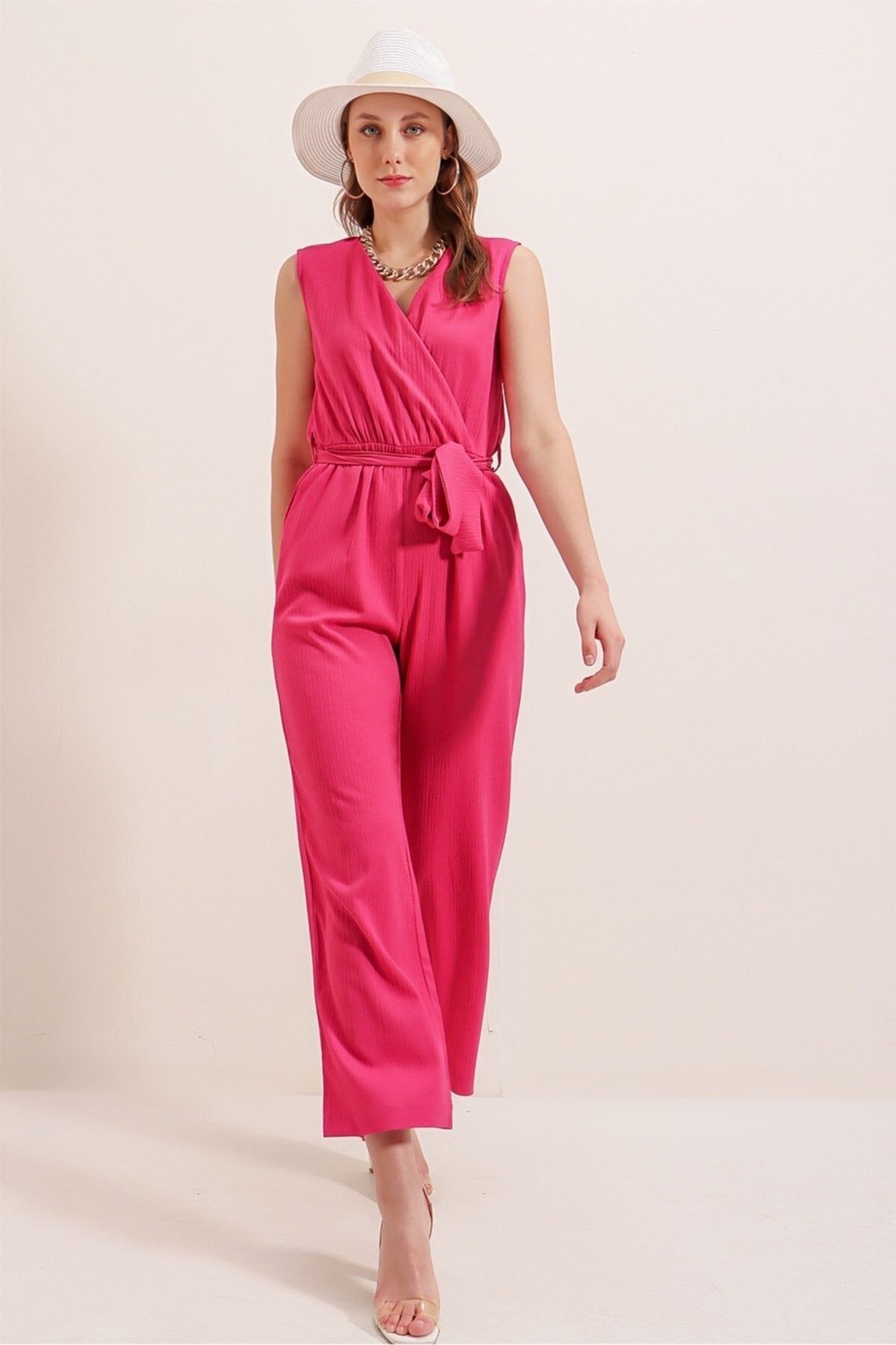 Pink belted jumpsuit best sale
