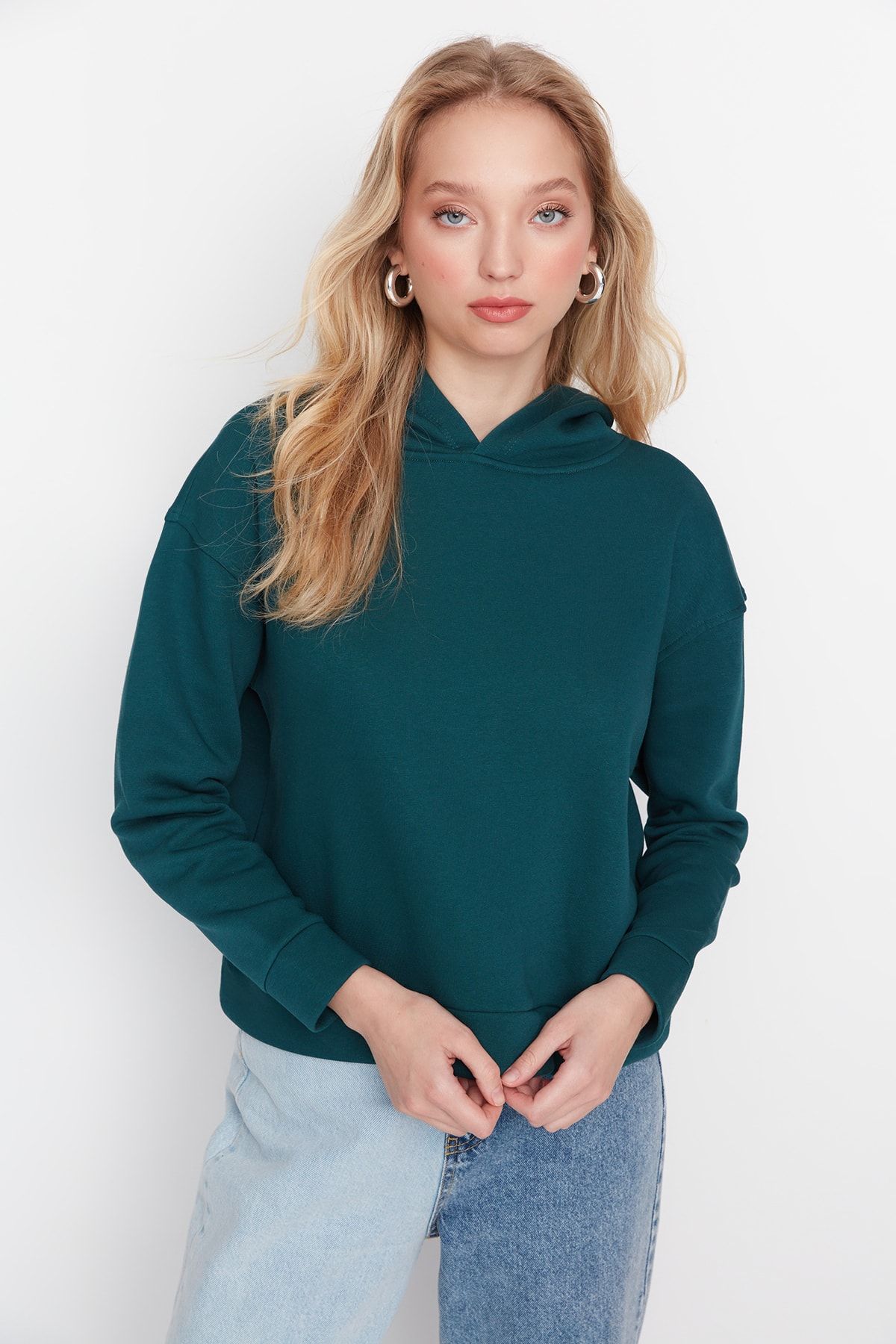 Trendyol Collection-Petrol Regular/Normal Fit Basic, cu glugă, fleece gros, tricotat în interior TWOAW23SW00004 4