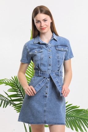 Kadın Mavi Kısa Kol Cepli Kuşaklı Gömlek Yaka Kısa Kot Elbise G1337
