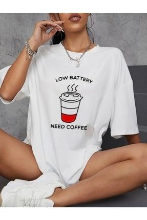 Unisex Oversize Need Coffee Baskılı Beyaz Tshirt NeedC