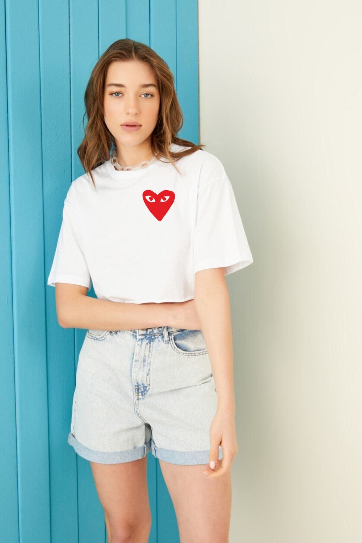 BESTTRENDY Griland Women s White Heart Printed Oversize Crop Top