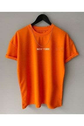 Turuncu New York Baskılı Bisiklet Yaka Oversize T-shirt NY4343