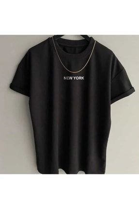 Siyah New York Baskılı Bisiklet Yaka Oversize T-shirt NY4343