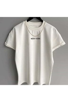 Beyaz New York Baskılı Bisiklet Yaka Oversize T-shirt NY4343