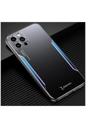 Iphone 12 Pro Max Uyumlu Kılıf Metal Mitras Kılıf Silikon Kenar Mavi 3571-m444