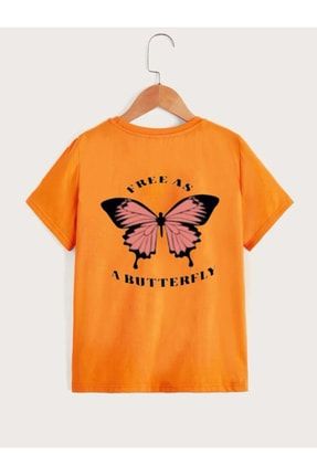 Çocuk Unisex Oversize Turuncu Butterfly Baskılı T-shirt butterfly-