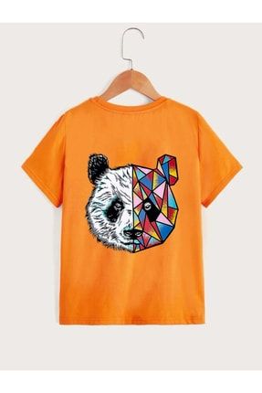 Çocuk Unisex Oversize Turuncu Geometrik Panda Ön-arka Baskılı T-shirt geopanda-