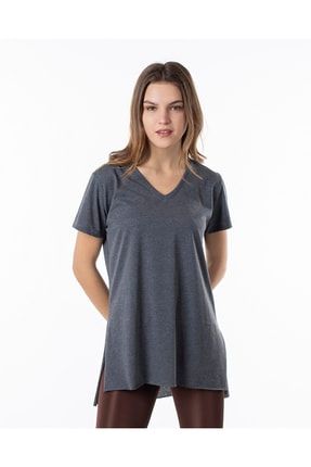 Kadın V Yaka Yırtmaçlı Oversize Örme T-shirt S4155Y-B1