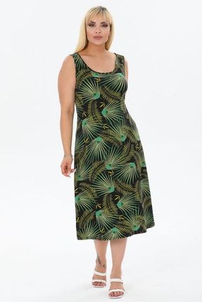 Kadın Sarı Yeşil Pine Desenli Askılı Büyük Beden Elbise 2210197