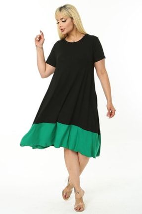 Kadın Siyah Yeşil Renk Bloklu Büyük Beden Elbise 2210203