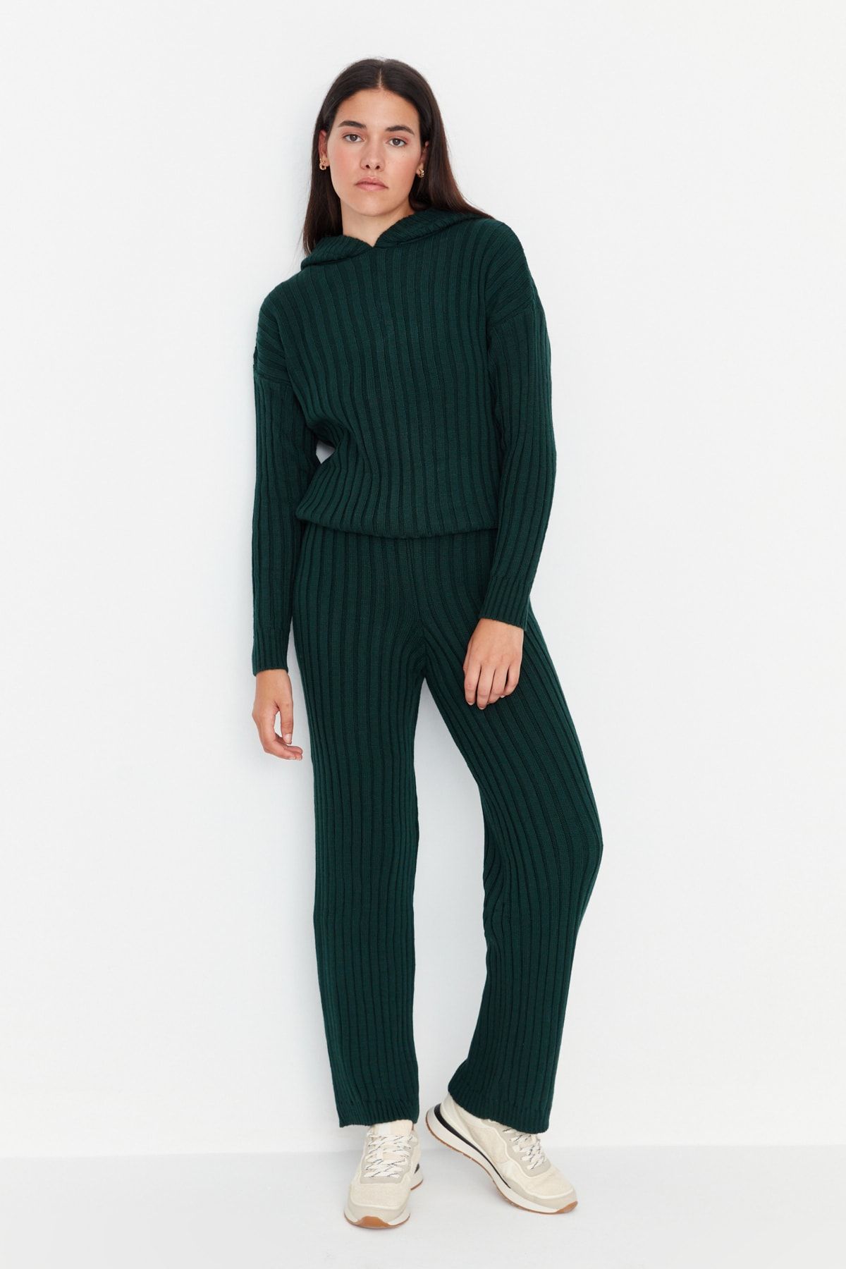 Trendyol Collection-Dunkelgrüne Hose aus geripptem Strick THMAW23PL00010 5