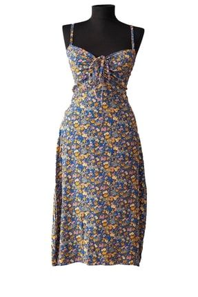 Lacivert Çiçek Desenli Askılı Midi Elbise 3646853