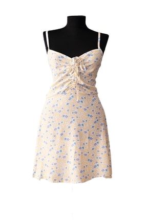 Krem Çiçek Desenli Askılı Mini Elbise 3646853