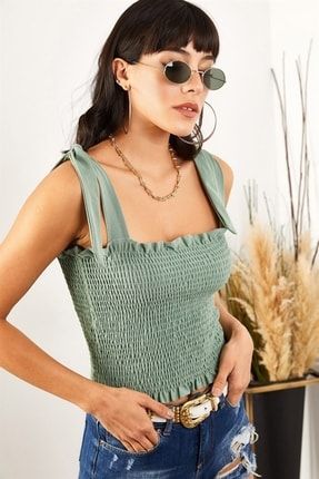Kadın Yeşil Askılı Crop Bluz 20445