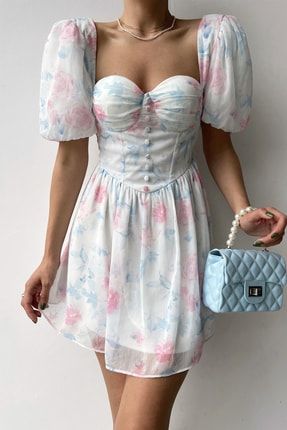 Kalp Yaka Düğme Detaylı Şifon Elbise Mini Elbise Yeni Sezon Elbise Düğün Davet Balo Abiye vew65g15h