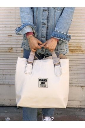 Kadın Beyaz Missme Change Time Pat Detayli Shopper Çanta Su Geçirmez CHANGETİME