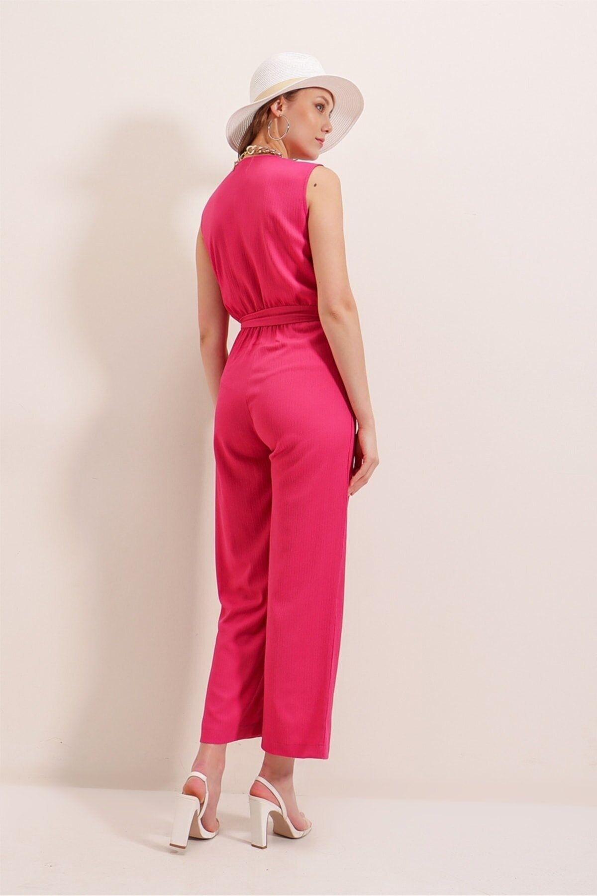 MEECY Women s Dark Pink Wrap Jumpsuit with Belted Waist
