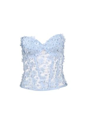 Özel Tasarım Couture 3d Flower Blue Büstiyer Rheme-93