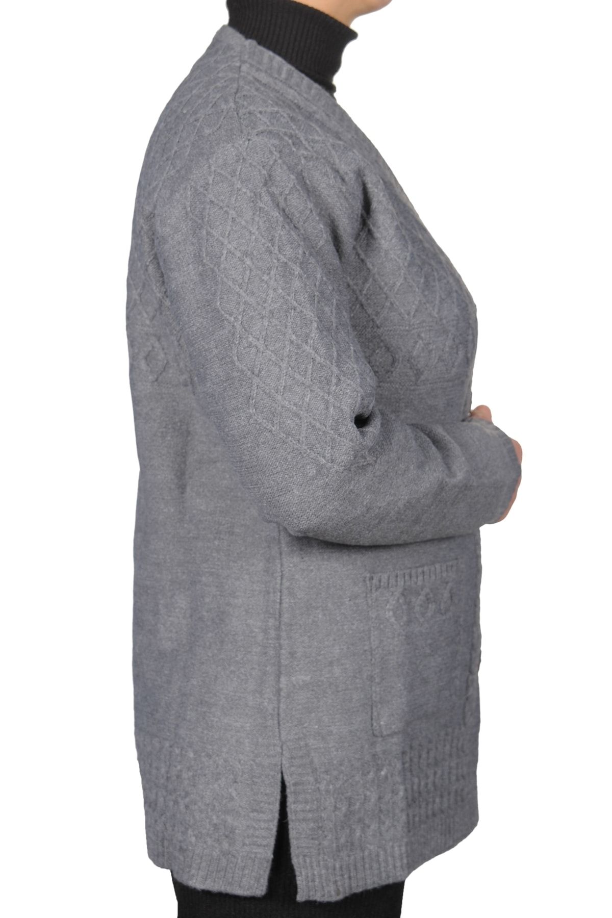 Fresh&Moda-Cardigan scurt pentru damă, gri cu nasturi 3